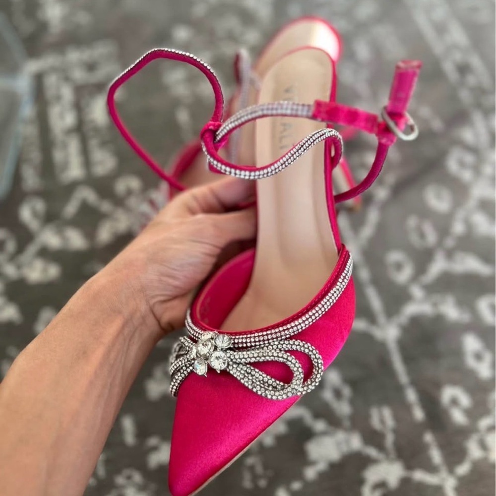 Women's Pink Satin Pointed-Toe Rhinestone Accent Ankle-Strap heels